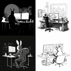 Fototapeta na wymiar man in a rabbit costume works at a computer