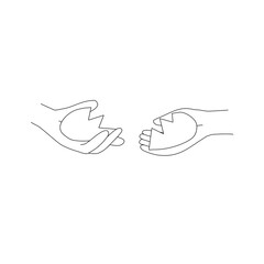 Broken heart in two hands, reconciliation concept, doodle style vector outline for coloring book