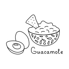 Mexican food guacamole in bowl with nachos, doodle style flat vector outline for coloring book