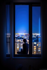 Young lonely girl looking out of the window on night town skyline, AI generative