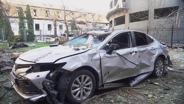 Kyiv. A destroyed car stands in the yard of a house after Russian air strike