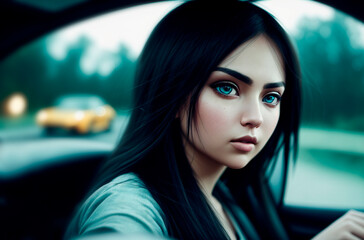 Fototapeta na wymiar Close-up of a beautiful girl driving a car. A woman drives a car. Generative AI.