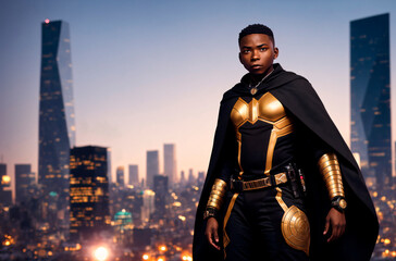 Fototapeta na wymiar African american superhero. Portrait of black man in fantastic costume. Generative AI.