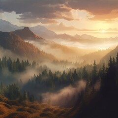 sunrise over mountains, mountine forest, mist in forest, Generative AI.