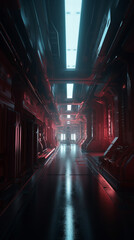 Detailed interior of futuristic spaceship, space station hallway for desktop background. Concept environment design 3d render illustration, Ai generative neon-infused cyberpunk art. Unreal engine