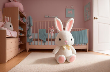 Cute soft toy bunny sitting on floor in children's room. Generative AI.