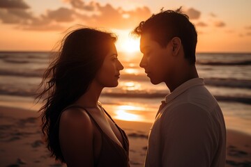 Romantic time of couple about to kiss by the beach at sunset. Generative AI