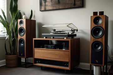 Hi fi wooden vintage speaker system in living room. Generative AI - obrazy, fototapety, plakaty