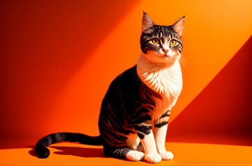 Cat on orange background in room. Cute domestic pussycat. Generative AI.