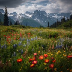Capturing the Majesty: Stunning Summer Landscape of Green Meadows and Snow-Capped Mountains with Nikon Z7 II Camera and NikS, Generative AI - obrazy, fototapety, plakaty