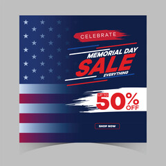 memorial day sale web banner. happy memorial day holiday sale post. memorial day weekend sale banner.
Memorial Day social media promotion template design of USA national flag colors