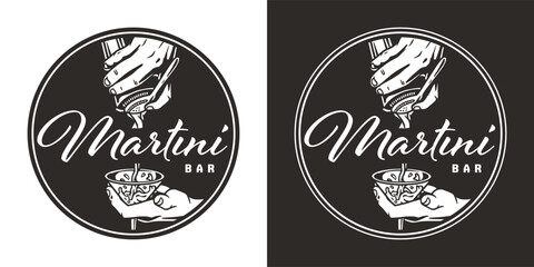 Martini cocktail with bartender hand for alcohol cocktail bar. Logo design with glass of martini for barman