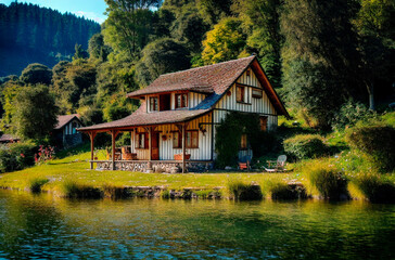 Fototapeta na wymiar Wooden house on the lake in the mountains. Beautiful cottage on the bank of the river in the village. Generative AI.