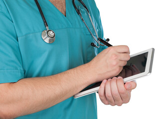 Doctor using digital tablet isolated on white background