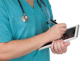 Doctor using digital tablet isolated on white background