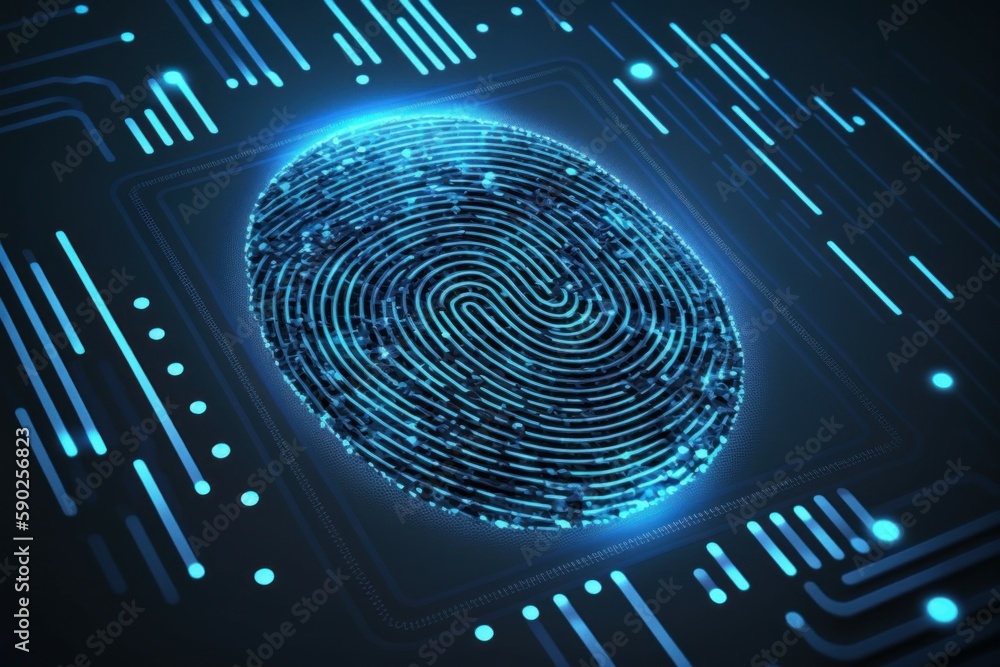 Poster digital biometri, security identify by fingerprint concept. scanning system fingerprint. ai generate