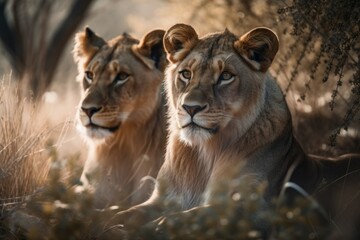 Obraz na płótnie Canvas Pride of lions in nature. AI generated, human enhanced