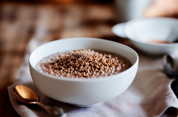 Buckwheat porridge in bowl. Appetizing healthy dish. Generative AI.