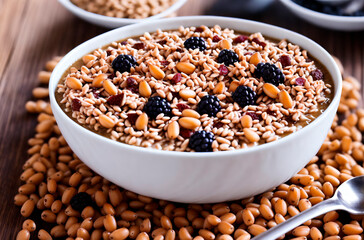 Buckwheat porridge in bowl. Appetizing healthy dish. Generative AI.