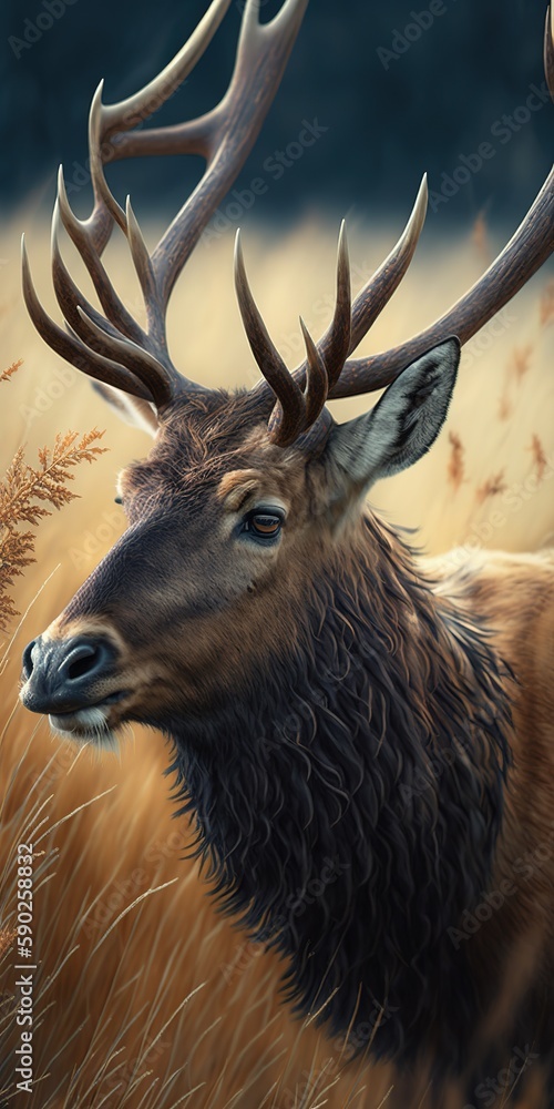 Poster macro view of a brown fuzzy deer with large antlers grazing in a field. generative ai