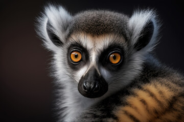 Naklejka premium Generative AI. Ring-tailed lemur (Lemur catta) is a large strepsirrhine primate and the most recognized lemur due to its long, black and white ringed tail.