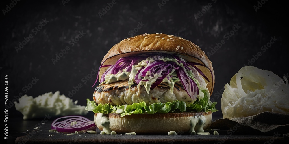 Poster the chicken burger came with a side of mashed potatoes and a salad made of cabbage. in the center of