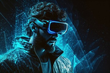 Obraz na płótnie Canvas Young man wearing virtual reality glasses. AI generated, human enhanced.