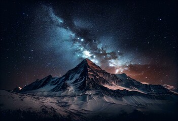 Plakat A low light, long exposure night landscape featuring a mountain and the Milky Way galaxy as the background. Generative AI
