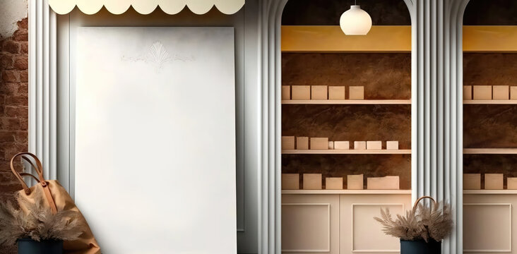 generic supermarket bakery or grocery and sweets shop with blank empty signboard mockup - Generative AI