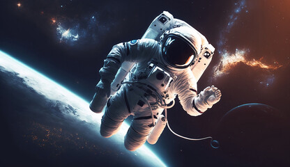 Obraz na płótnie Canvas Astronaut in front of the Earth planet in outer space with copy space
