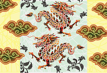 Fototapeta na wymiar Chinese Dragon Motif Batik, with exclusive colors. Beautiful fabric pattern for decoration