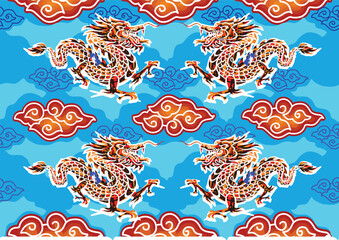 Chinese Dragon Motif Batik, with exclusive colors. Beautiful fabric pattern for decoration