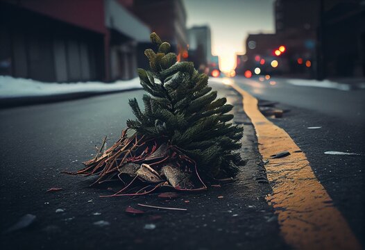 A discarded Christmas tree on a street curb. Generative AI