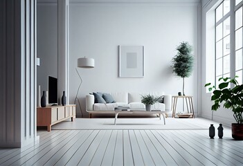 Minimalist living room with white flooring inspired by Japanese design. Generative AI