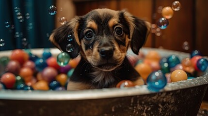 Cute Puppy Taking a Bath in Vintage Clawfoot Tub with Colorful Toys and Towels, Generative AI