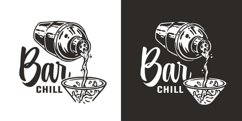 Bartender cocktail shaker and martini for bartending. Chromed metal boston shaker for barman of cocktail bar.