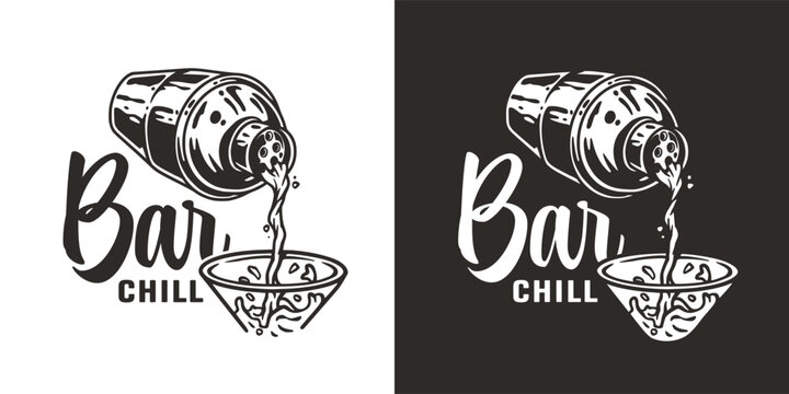 Bartender cocktail shaker and martini for bartending. Chromed metal boston shaker for barman of cocktail bar.