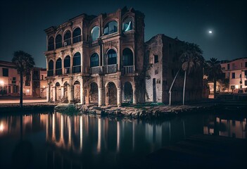 Ancient buildings at night near Valencia Harbor in Spain. Generative AI