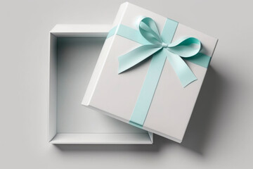 Open white gift box exhibition booth stand or gift display showcase with light blue ribbon bow isolated on white background minimal. Illustration. Generative AI