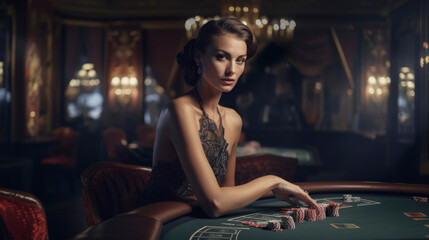 Elegant and beautiful woman in the casino next to a betting table - obrazy, fototapety, plakaty