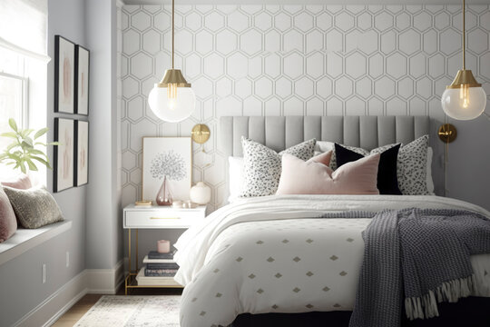 bedroom in white and gray tones, cushions and bedspread with modern designs and brass sconces. minimalist and sophisticated feeling that captures the modern and sleek vibe. Illustration. Generative AI