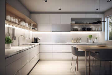 Modern kitchen interior, high key. Generative AI