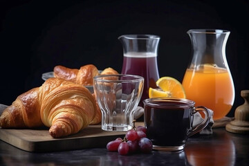 Sweet breakfast with croissants, juice, coffee and grapes. Generative AI