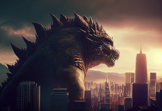 A colossal kaiju looms over a city in a sci-fi movie frame. Conceptual art generated by AI. Generative AI