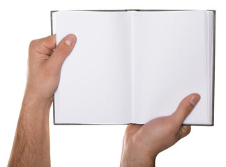 Hands holding  blank book isolated on white background