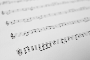Sheet of paper with music notes as background, closeup