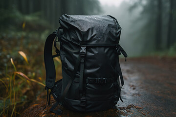 Tourist mountain backpack close-up on the background of the forest. Generative ai