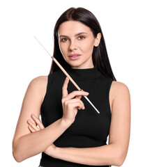 Woman using long cigarette holder for smoking isolated on white