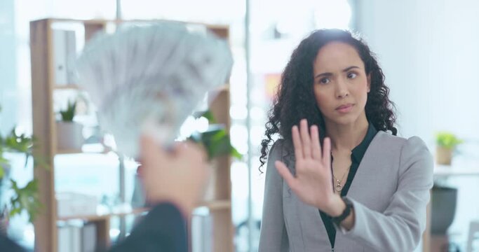 Bride, corporate corruption and business woman with stop hand to deny money laundering in office. Cash, hands and notes of tax fraud, criminal scam and illegal pay off with female employee saying no