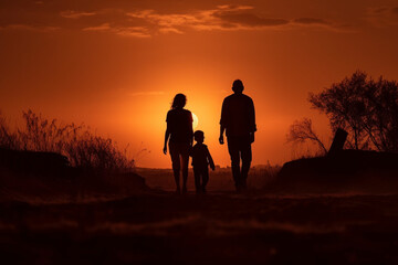 Mother, father and son Silhouettes walking together at sunset  Generative AI